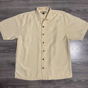 Tommy Bahama Mens M 100% Silk Short Sleeve Button Up Shirt Cream Palm Jacquard